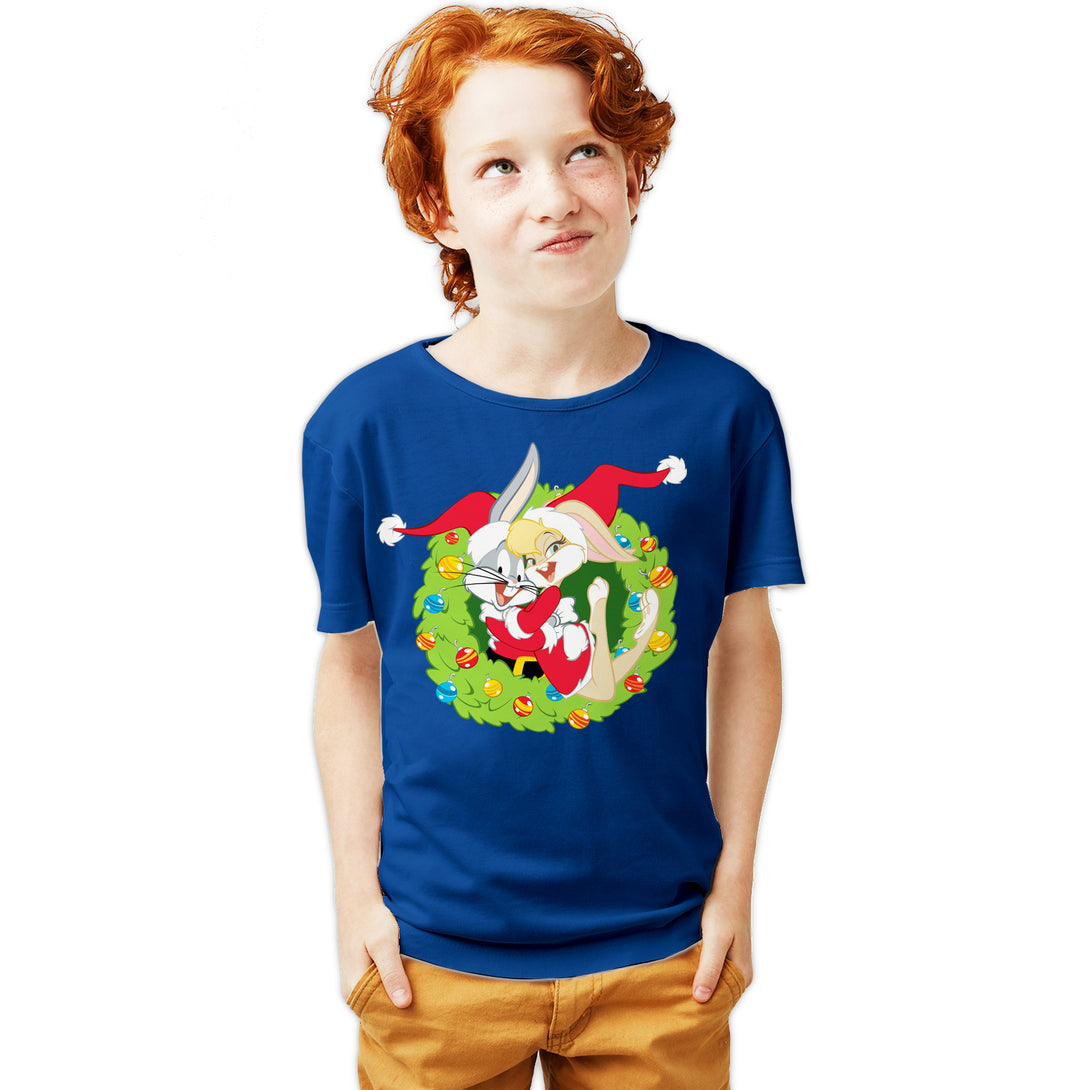Looney Tunes Bugs Lola Bunny Xmas Santa Official Youth T-Shirt Blue - Urban Species