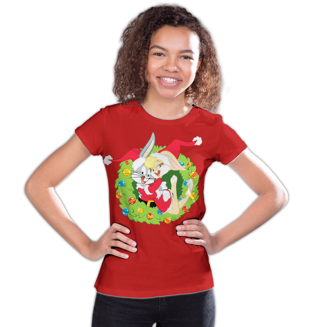 Looney Tunes Bugs Lola Bunny Xmas Santa Official Youth T-Shirt Red - Urban Species