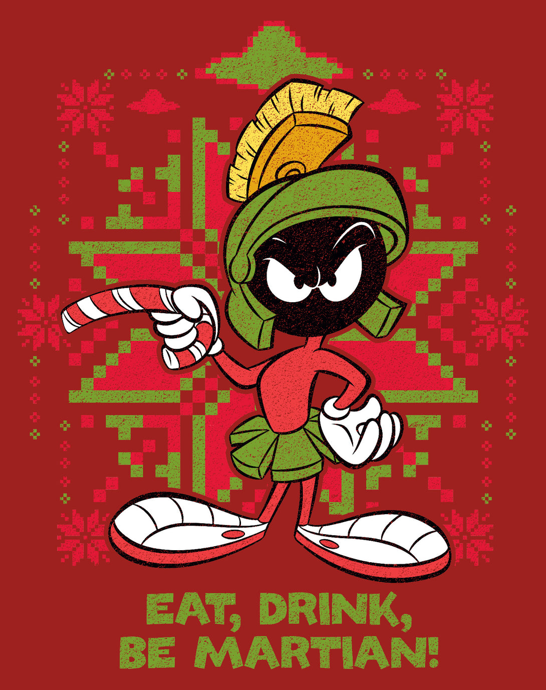 Looney Tunes Marvin Martian Xmas Eat Official Kid's T-Shirt Red - Urban Species Design Close Up