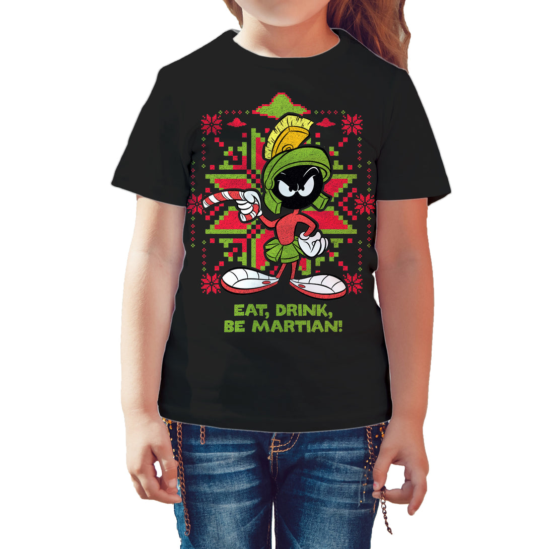 Looney Tunes Marvin Martian Xmas Eat Official Kid's T-Shirt Black - Urban Species