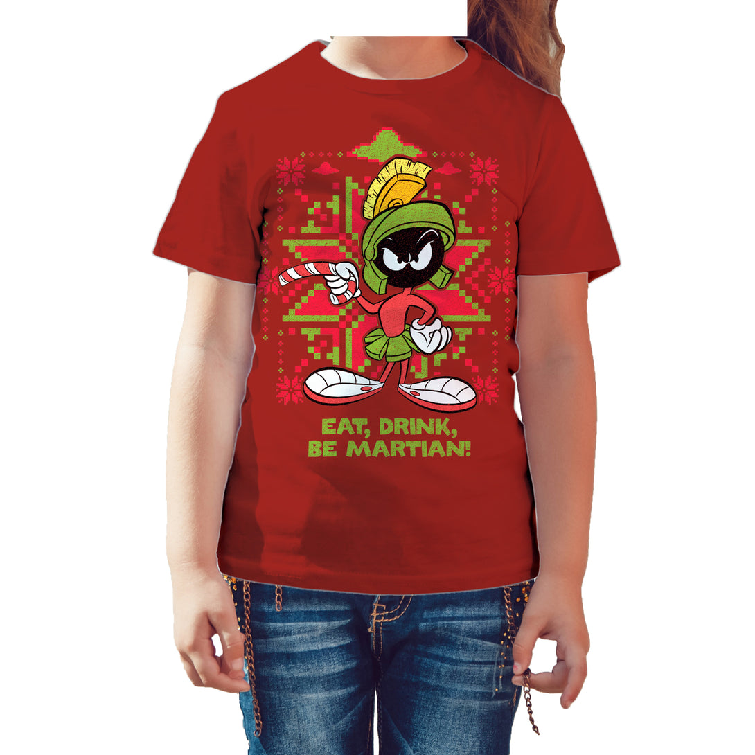 Looney Tunes Marvin Martian Xmas Eat Official Kid's T-Shirt Red - Urban Species