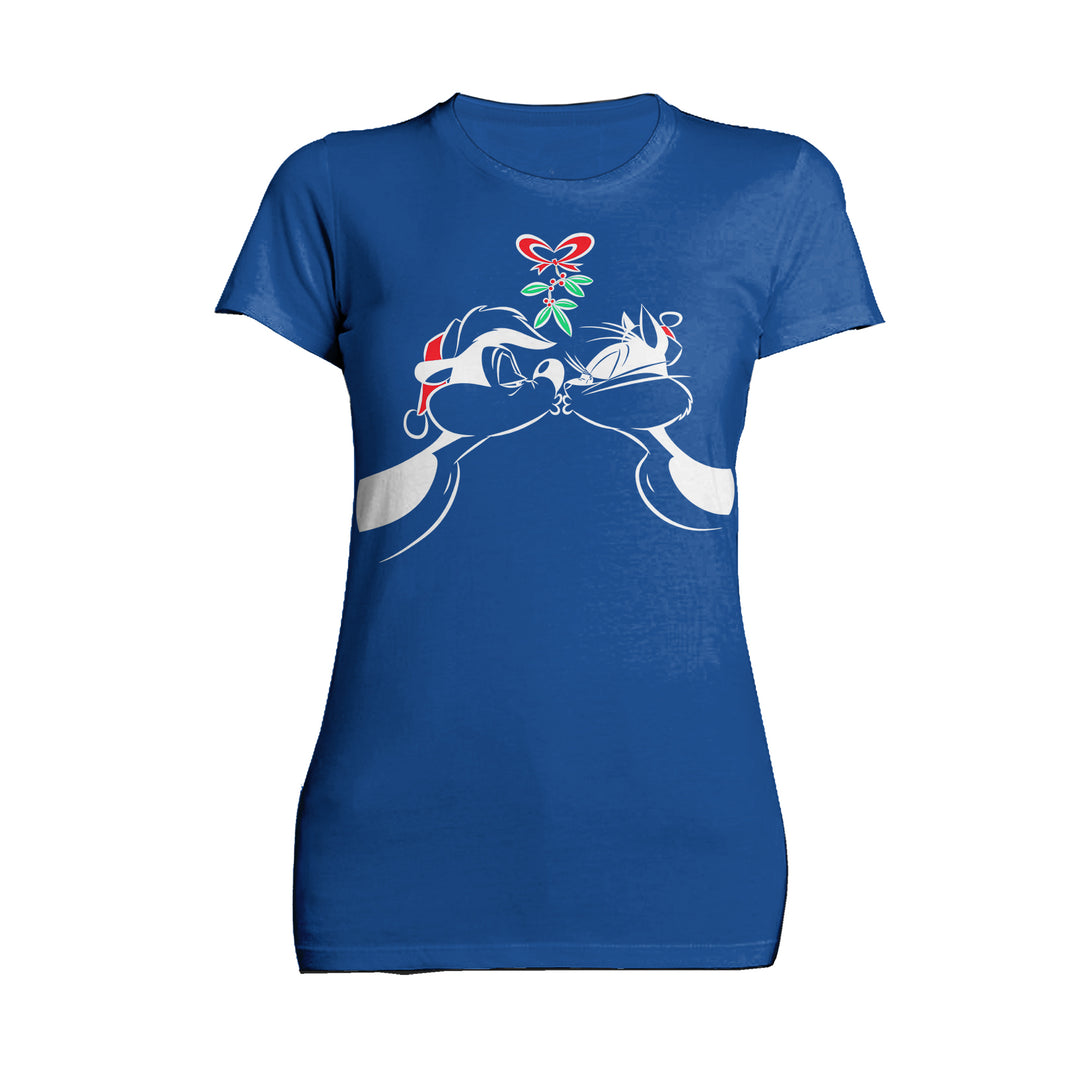 Looney Tunes Pepe Le Pew Xmas Kiss Official Women's T-Shirt Blue - Urban Species