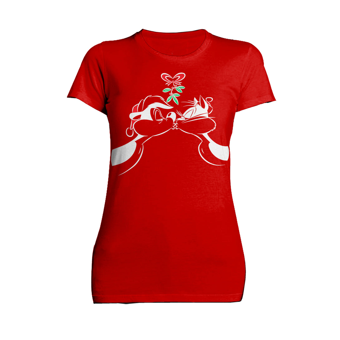 Looney Tunes Pepe Le Pew Xmas Kiss Official Women's T-Shirt Red - Urban Species