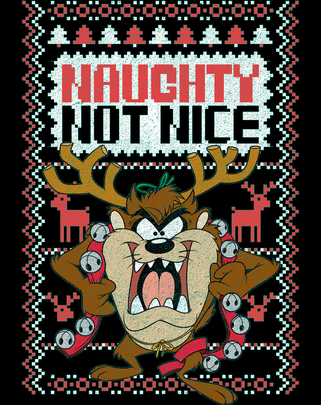 Looney Tunes Tasmanian Devil Xmas Naughty Official Women's T-Shirt Black - Urban Species Design Close Up