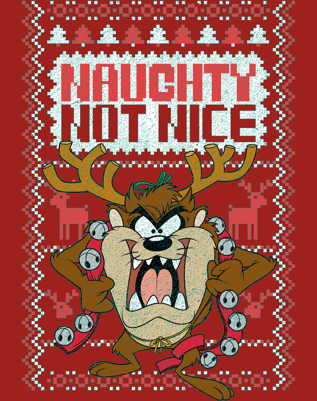 Looney Tunes Tasmanian Devil Xmas Naughty Official Women's T-Shirt Red - Urban Species Design Close Up