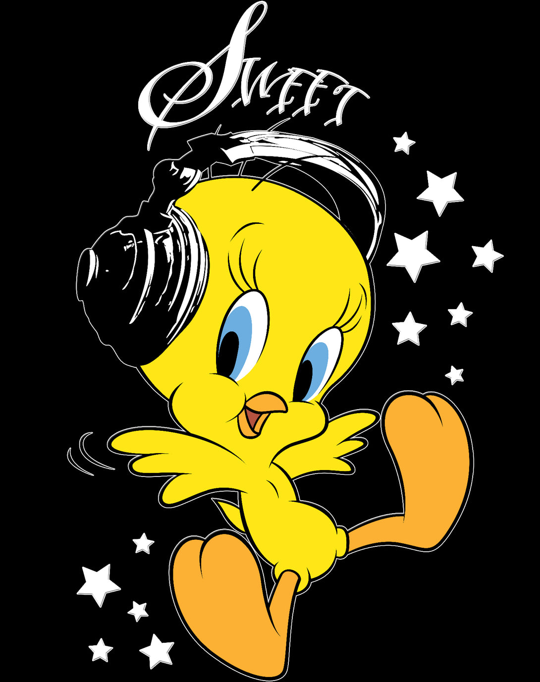 Looney Tunes Tweety Headphones Official Youth T-Shirt Black - Urban Species Design Close Up