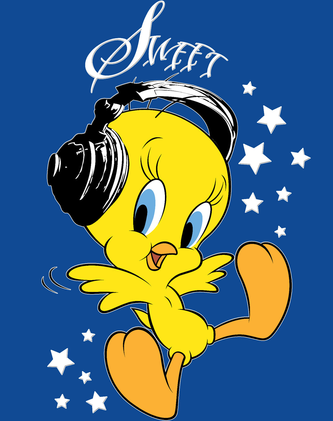 Looney Tunes Tweety Headphones Official Youth T-Shirt Blue - Urban Species Design Close Up