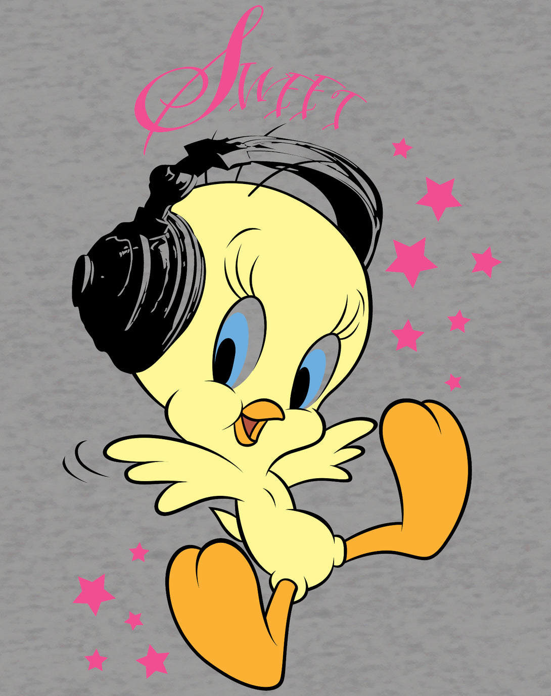 Looney Tunes Tweety Headphones Official Youth T-Shirt Sports Grey - Urban Species Design Close Up