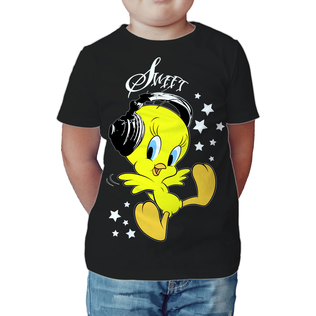 Looney Tunes Tweety Headphones Official Kid's T-Shirt Black - Urban Species