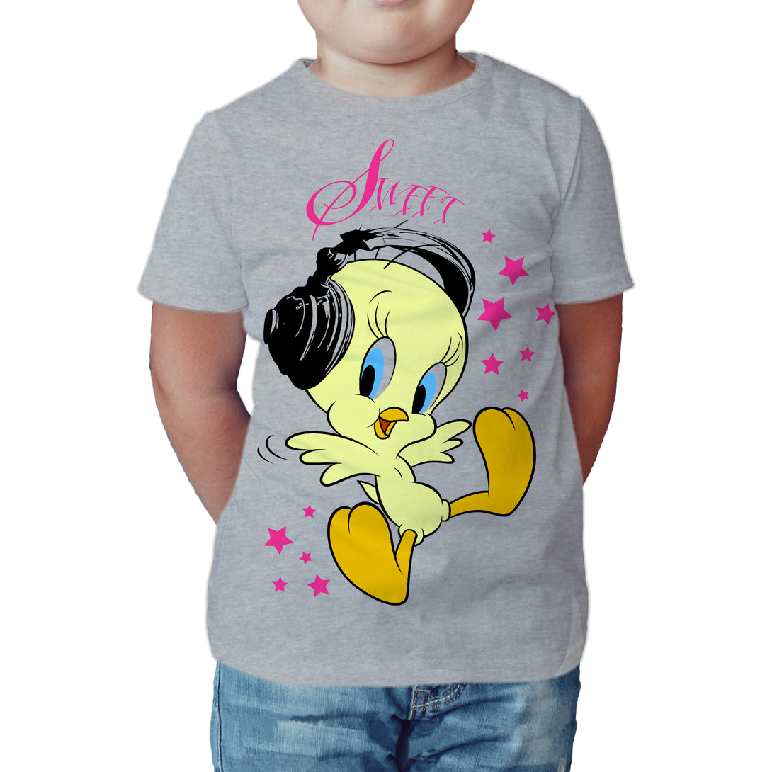 Looney Tunes Tweety Headphones Official Kid's T-Shirt Sports Grey - Urban Species