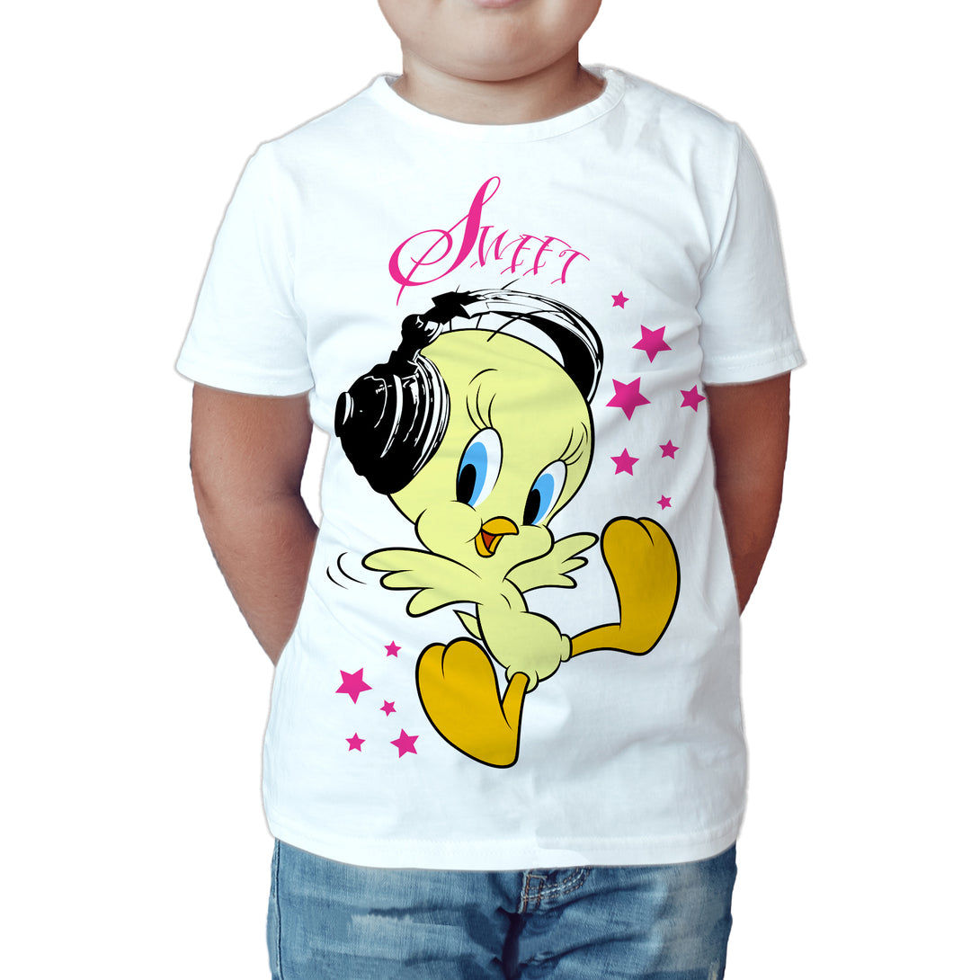 Looney Tunes Tweety Headphones Official Kid's T-Shirt White - Urban Species