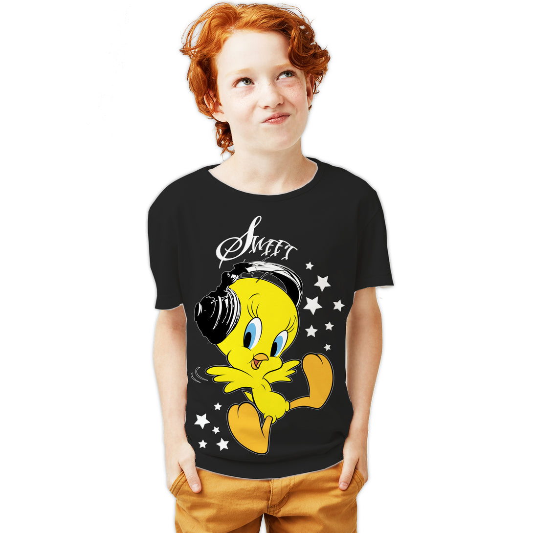 Looney Tunes Tweety Headphones Official Youth T-Shirt Black - Urban Species