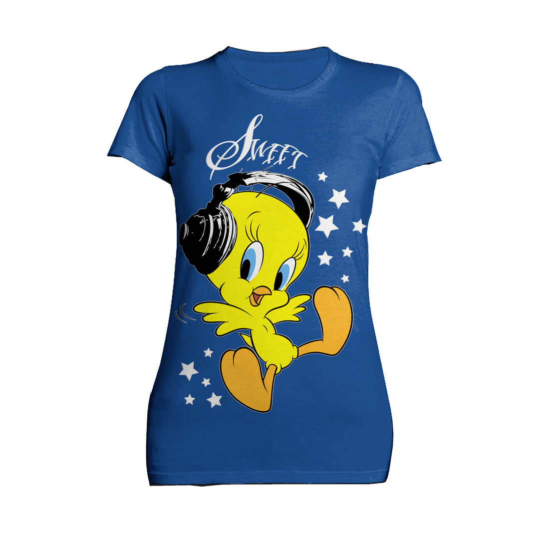 Looney Tunes Tweety Headphones Official Women's T-Shirt Blue - Urban Species