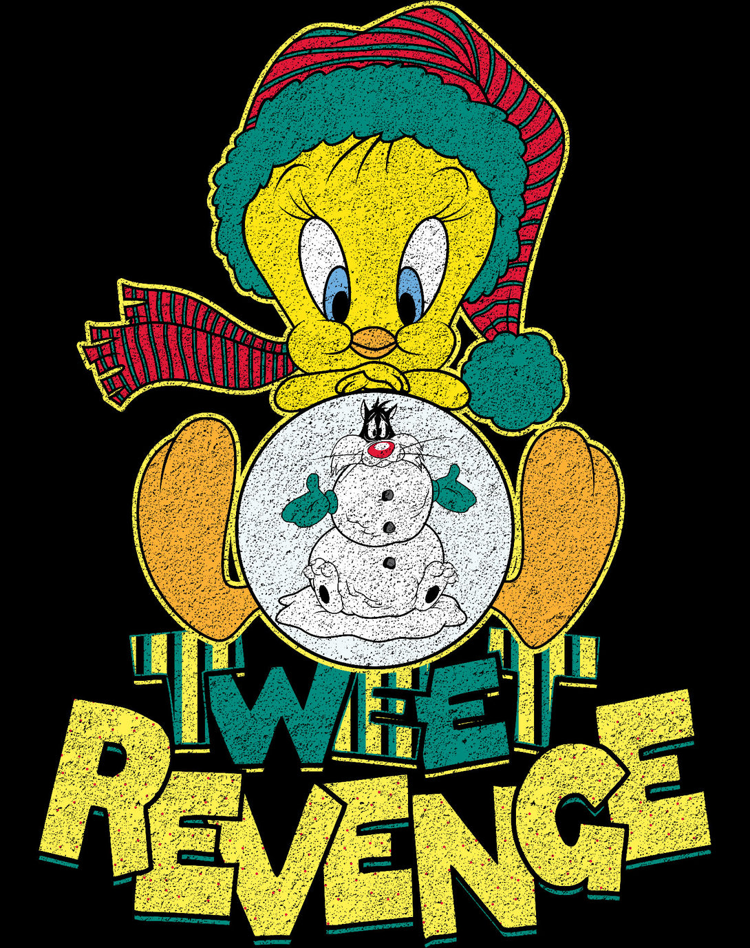 Looney Tunes Tweety Pie Xmas Revenge Official Youth T-Shirt Black - Urban Species Design Close Up