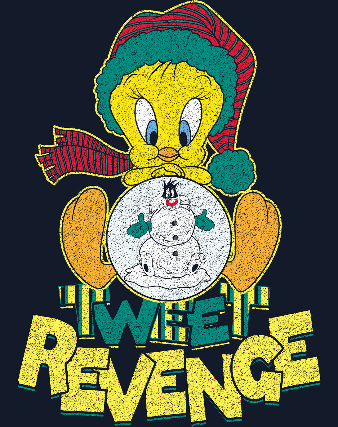 Looney Tunes Tweety Pie Xmas Revenge Official Youth T-Shirt Navy - Urban Species Design Close Up