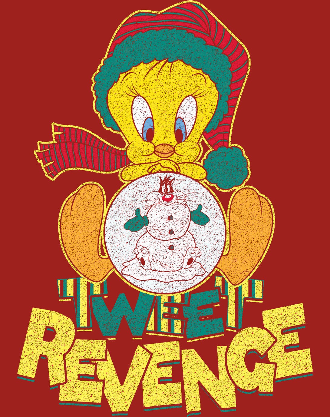 Looney Tunes Tweety Pie Xmas Revenge Official Youth T-Shirt Red - Urban Species Design Close Up