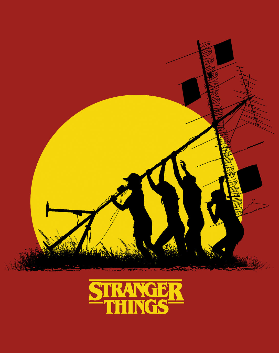 Stranger Things Stencil The Party Aerial Original Men's T-Shirt Red - Urban Species Design Close Up