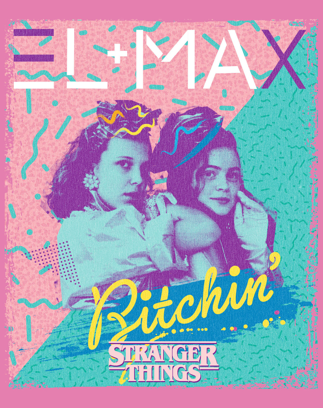 Stranger Things Poster Eleven Max Bitchin Besties Official Women's T-Shirt Pink - Urban Species Design Close Up