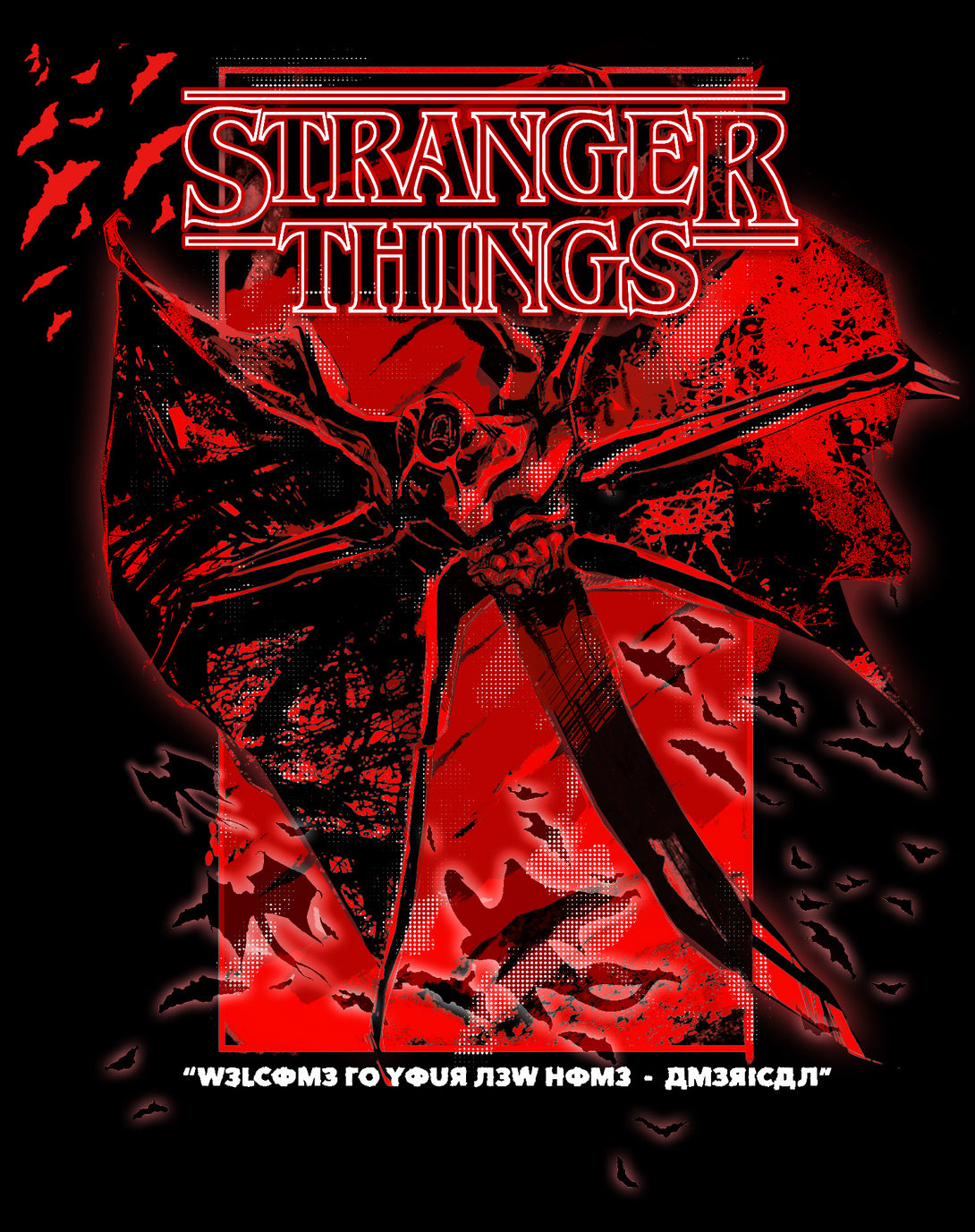 Stranger Things Demobat Poster America Official Women's T-Shirt Black - Urban Species Design Close Up