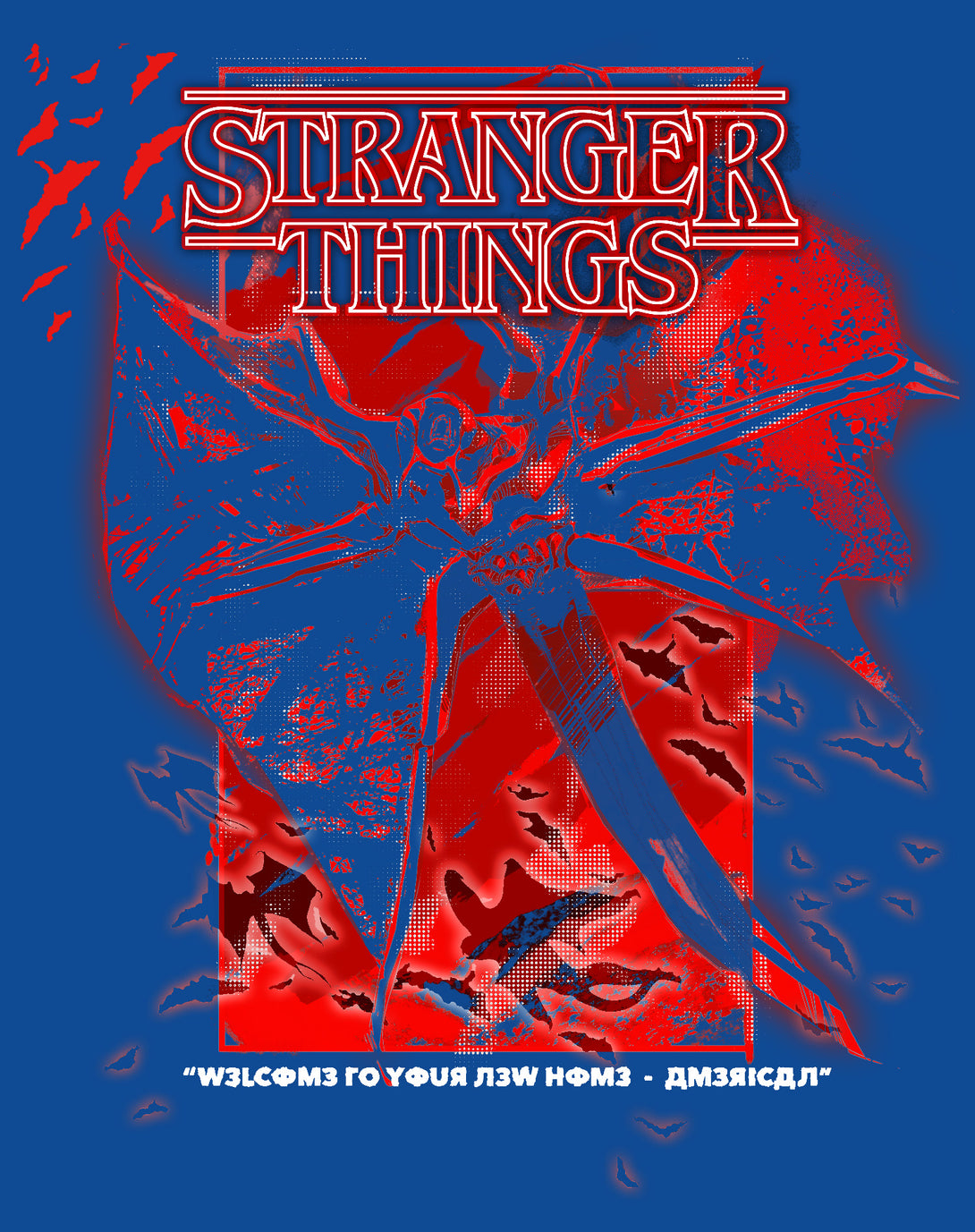 Stranger Things Demobat Poster America Official Women's T-Shirt Blue - Urban Species Design Close Up