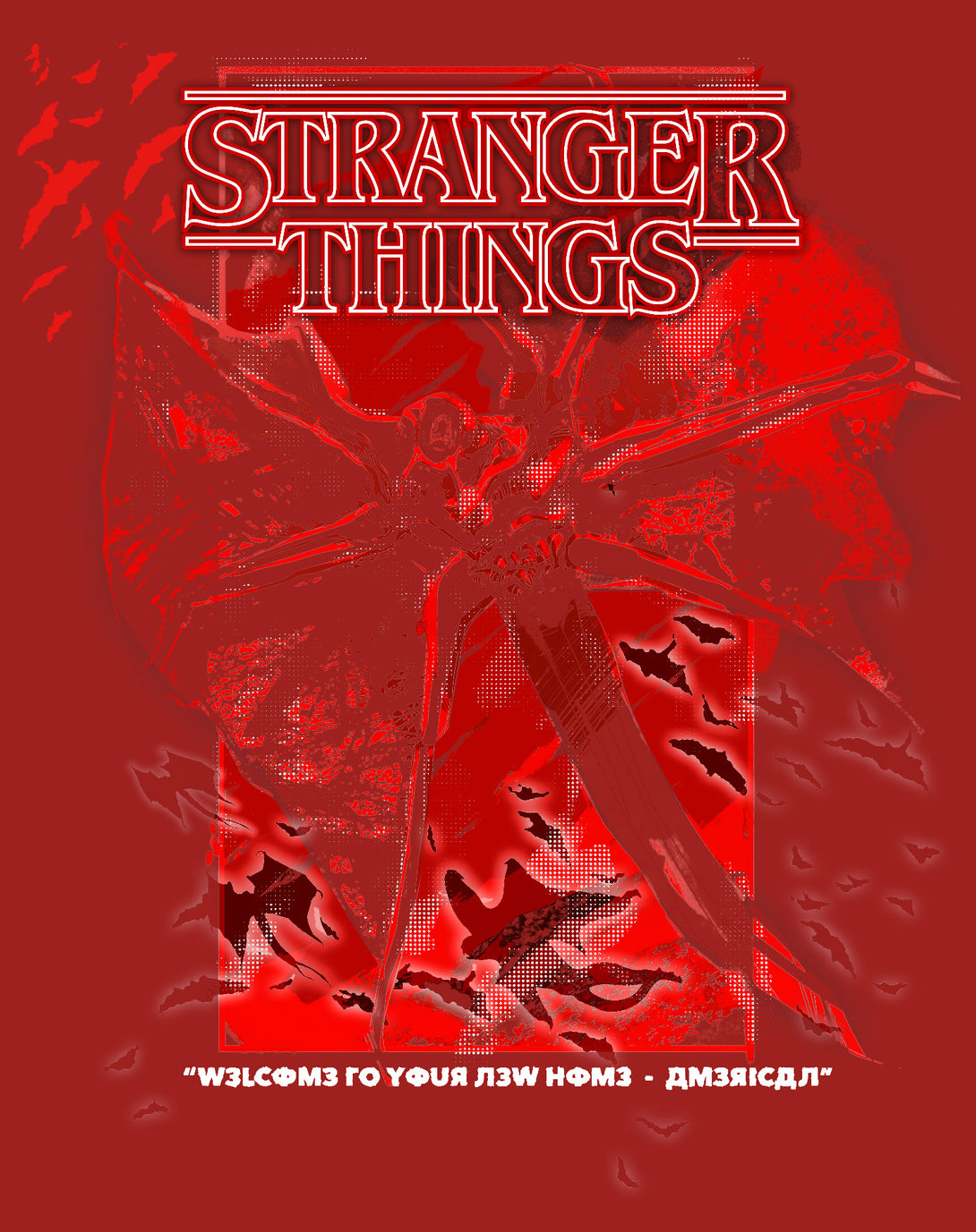 Stranger Things Demobat Poster America Official Women's T-Shirt Red - Urban Species Design Close Up