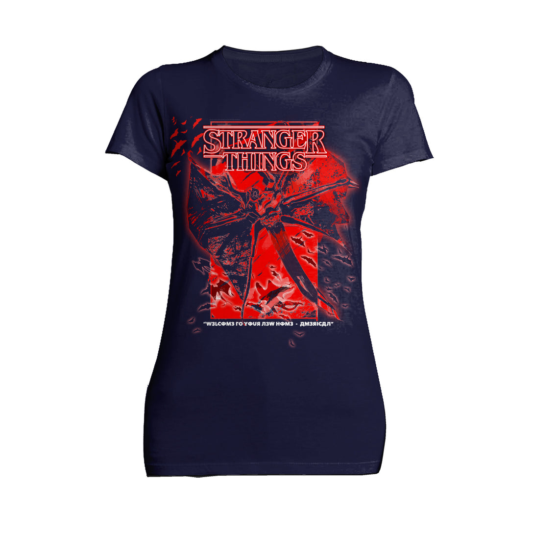 Stranger Things Demobat Poster America Official Women's T-Shirt Navy - Urban Species