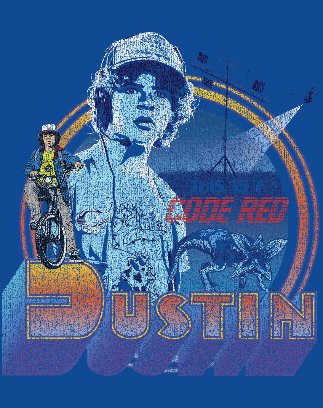 Stranger Things Vintage Dustin Pose Demogorgon Code Red Original Men's T-Shirt Blue - Urban Species Design Close Up