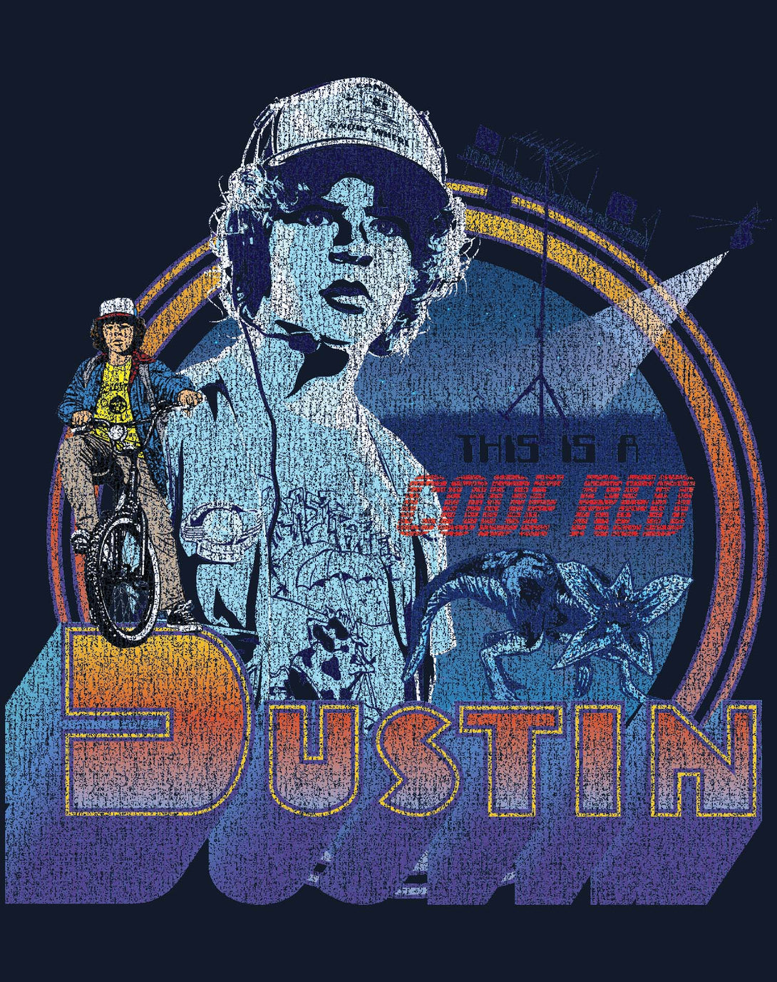 Stranger Things Vintage Dustin Pose Demogorgon Code Red Original Men's T-Shirt Navy - Urban Species Design Close Up