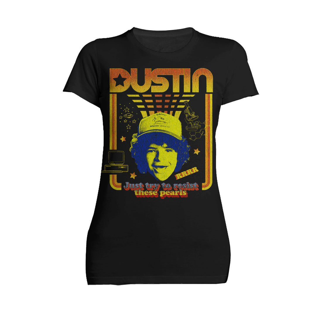 Stranger Things Vintage Dustin Retro Gaming Meme Pearls Official Women's T-Shirt Black - Urban Species