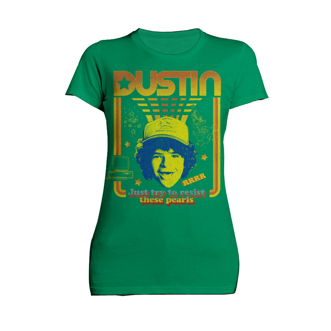 Stranger Things Vintage Dustin Retro Gaming Meme Pearls Official Women's T-Shirt Green - Urban Species