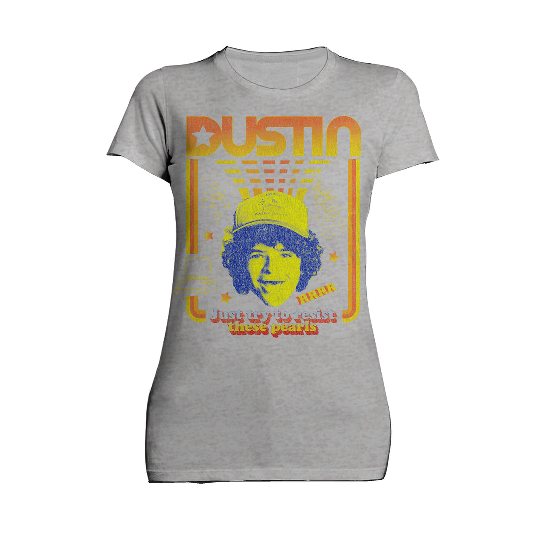 Stranger Things Vintage Dustin Retro Gaming Meme Pearls Official Women's T-Shirt Sports Grey - Urban Species