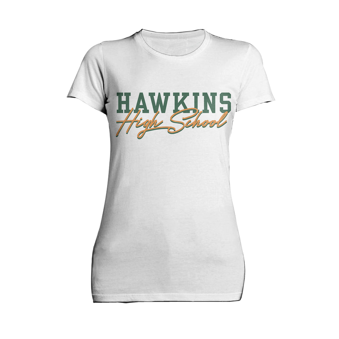 Stranger Things Hawkins High Logo Classic Official Women's T-Shirt White - Urban Species