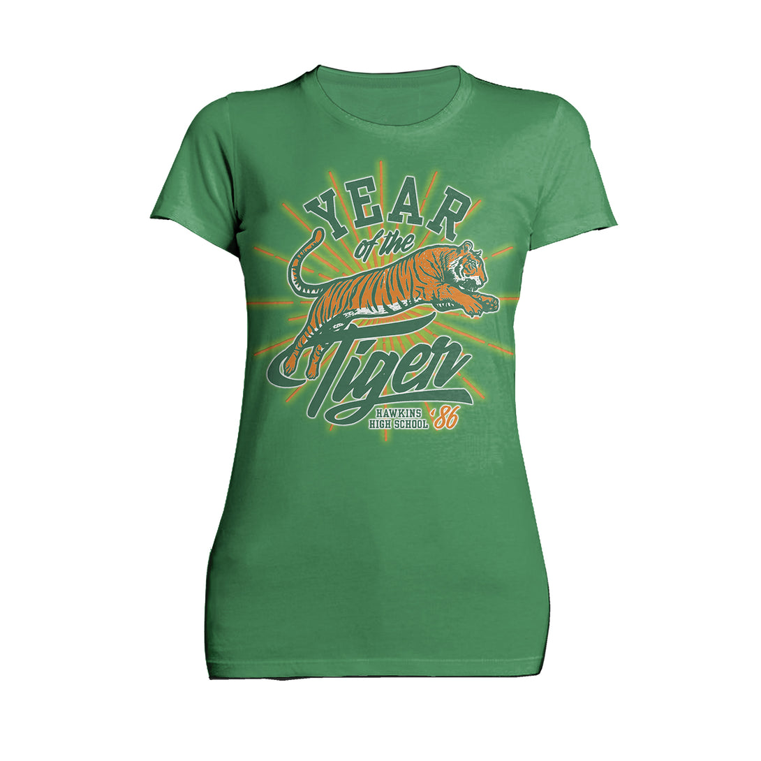 Stranger Things Hawkins High Tigers 1986 Official Women's T-Shirt Green - Urban Species