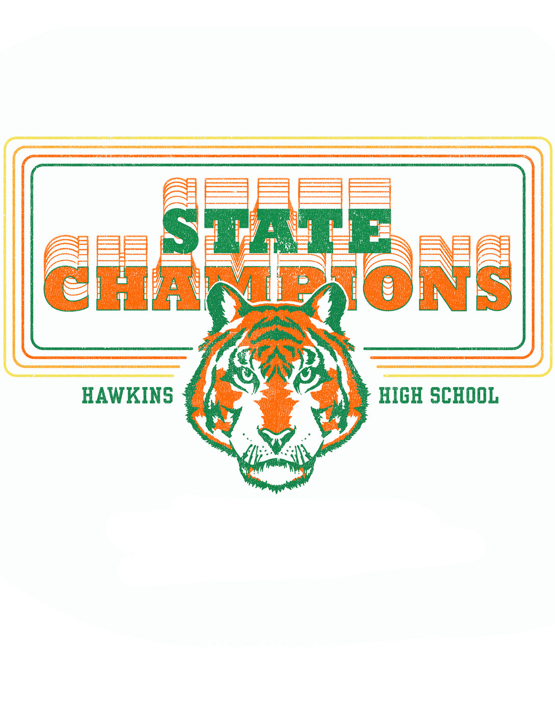 Stranger Things Hawkins High Tigers Champions Official Women's T-Shirt Design Close Up