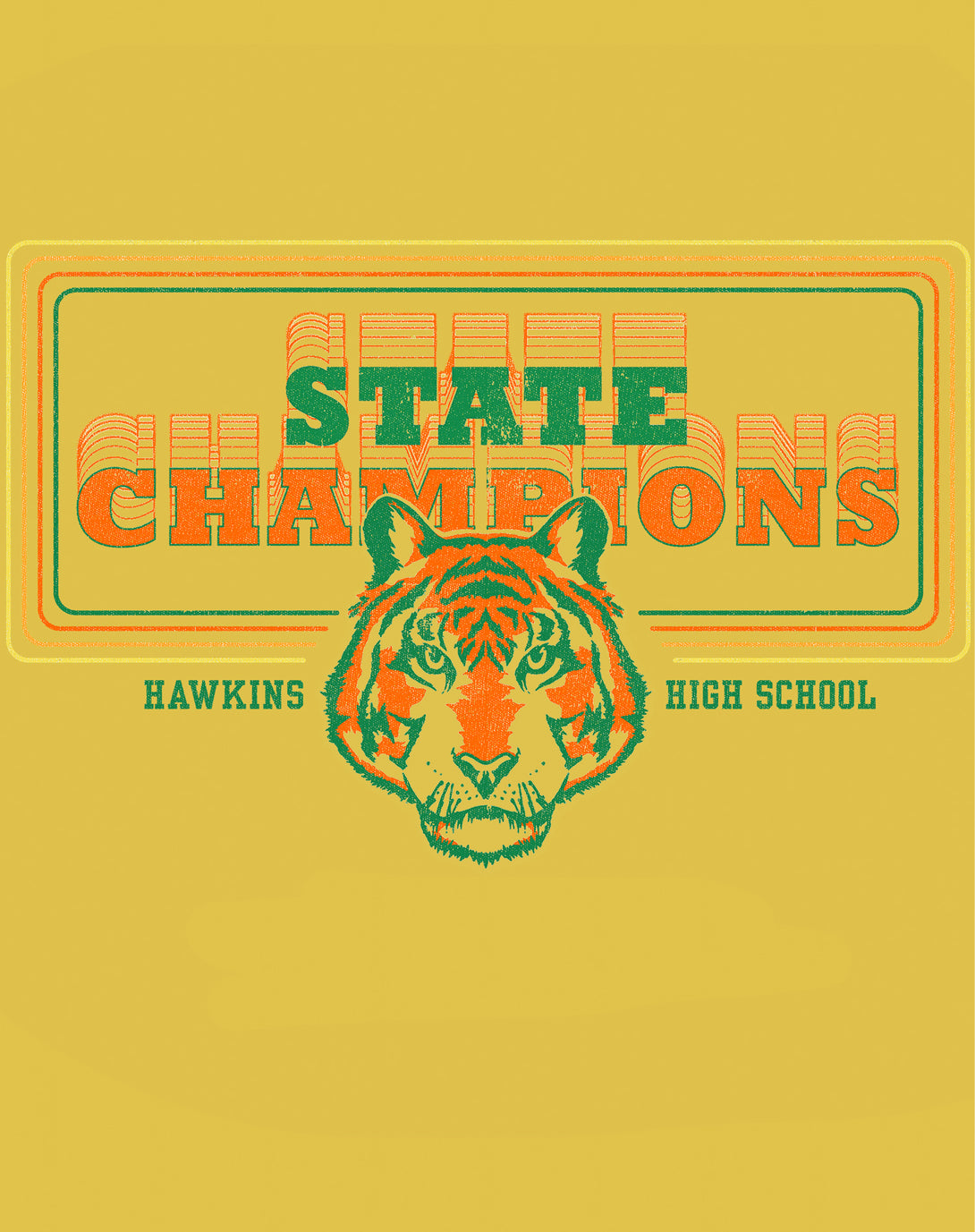 Stranger Things Hawkins High Tigers Champions Official Women's T-Shirt Design Close Up