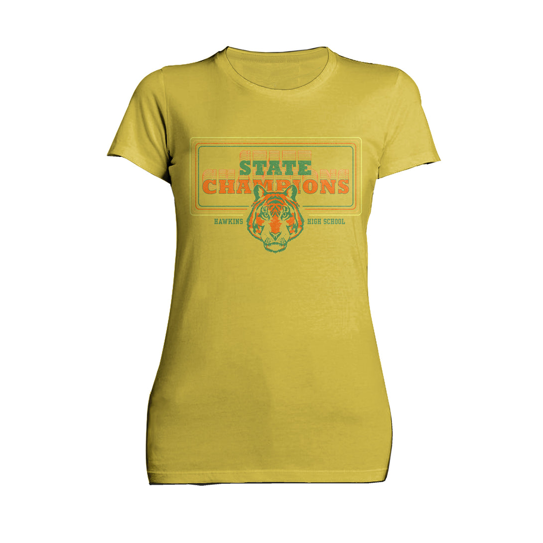 Stranger Things Hawkins High Tigers Champions Official Women's T-Shirt Yellow - Urban Species