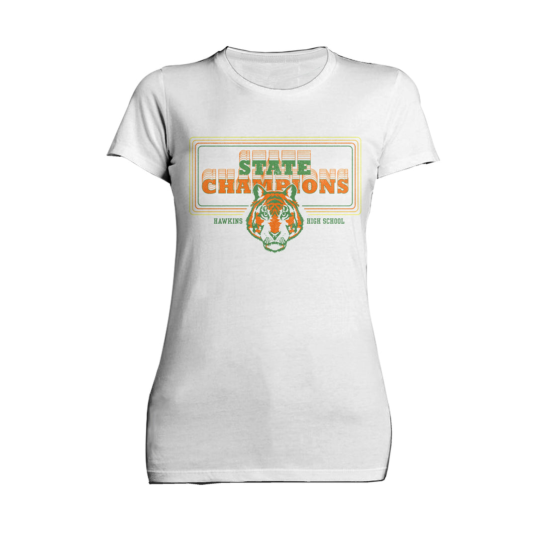 Stranger Things Hawkins High Tigers Champions Official Women's T-Shirt White - Urban Species