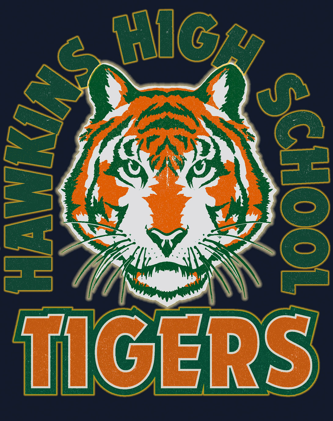 Stranger Things Hawkins High Tigers Stare Men's T-Shirt Design Close Up