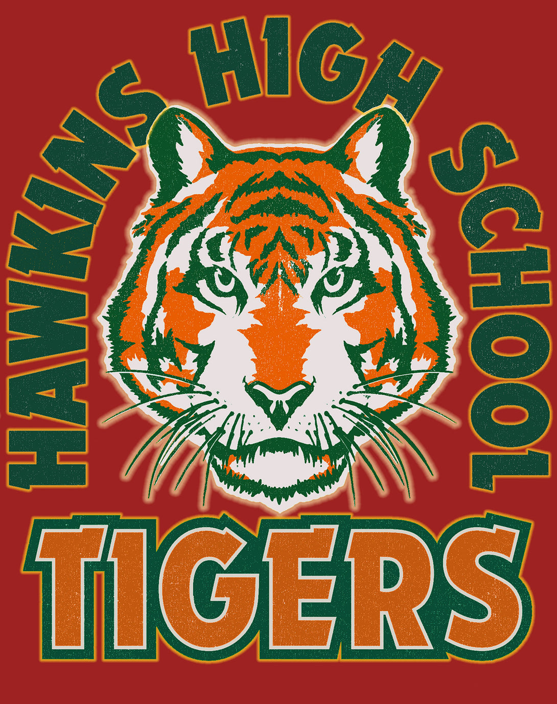 Stranger Things Hawkins High Tigers Stare Men's T-Shirt Design Close Up