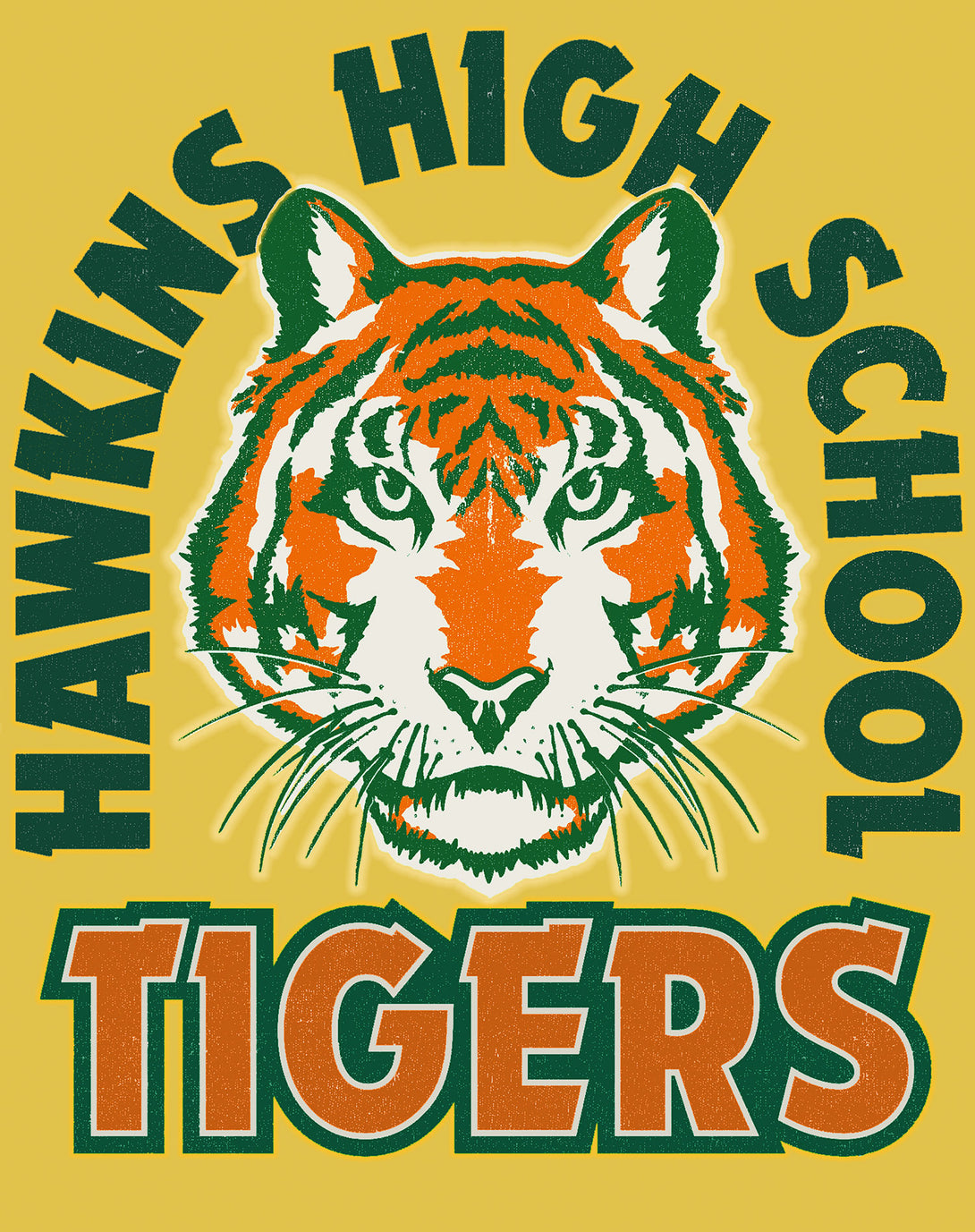 Stranger Things Hawkins High Tigers Stare Men's T-Shirt Design Close Up