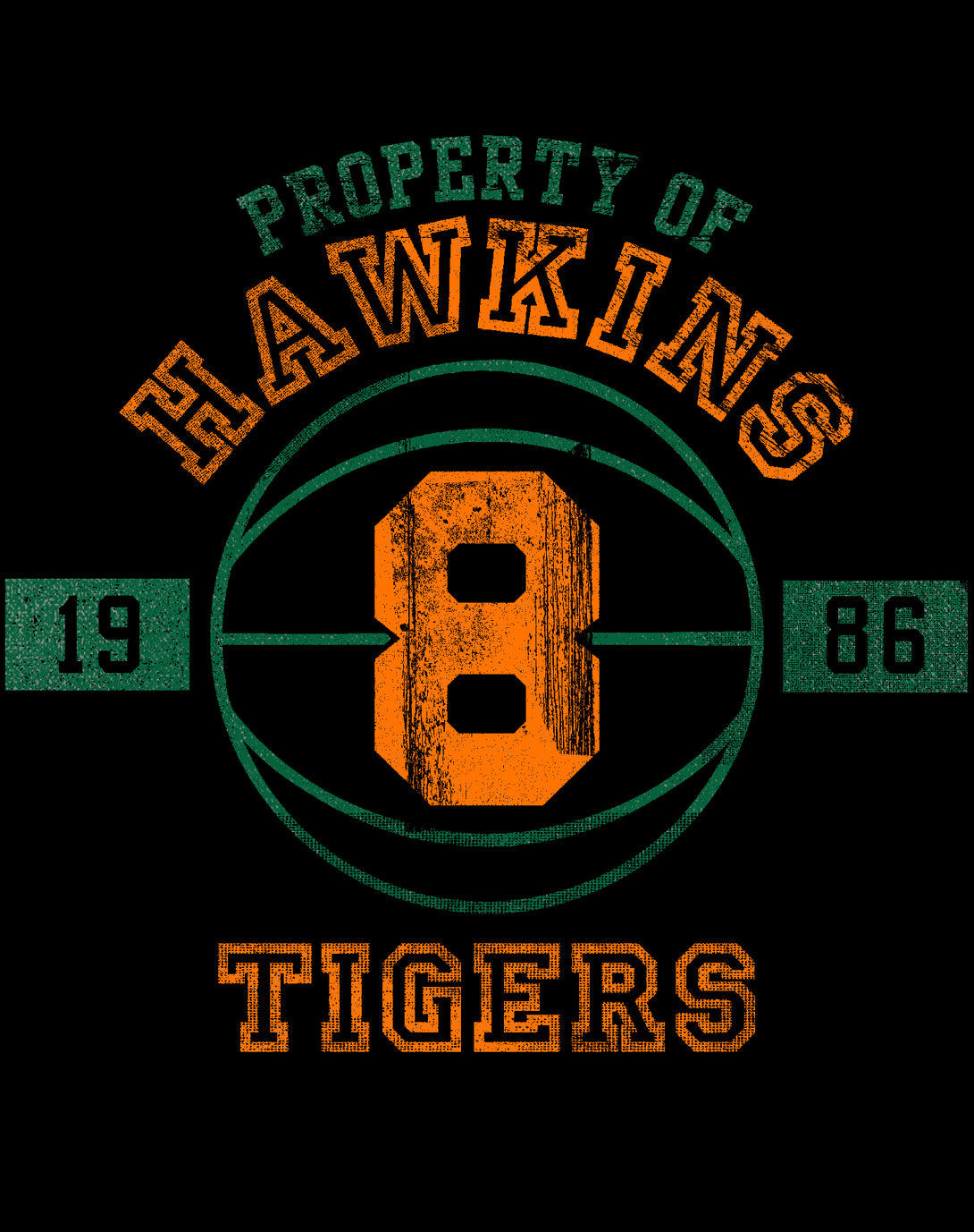 Stranger Things Hawkins Tigers Varsity Basketball Official Women's T-Shirt Design Close Up