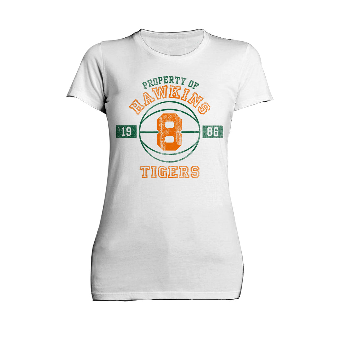 Stranger Things Hawkins Tigers Varsity Basketball Official Women's T-Shirt - Urban Species Womens Short Sleeved T-Shirt