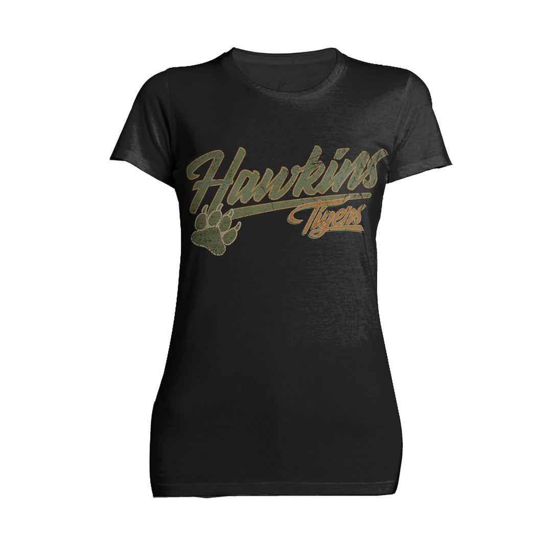 Stranger Things Hawkins Tigers Varsity Vintage Official Women's T-Shirt Black - Urban Species