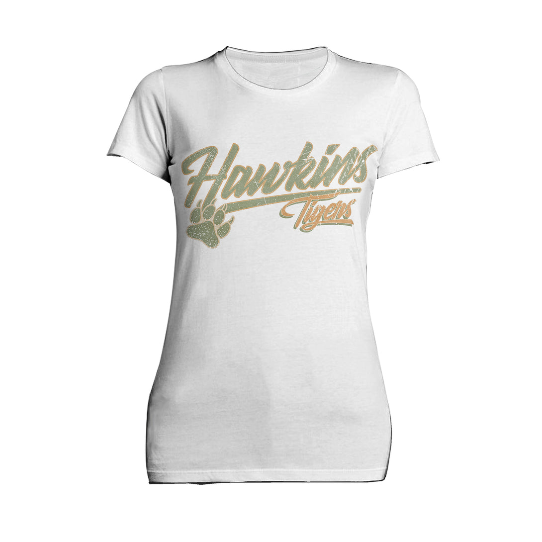 Stranger Things Hawkins Tigers Varsity Vintage Official Women's T-Shirt White - Urban Species