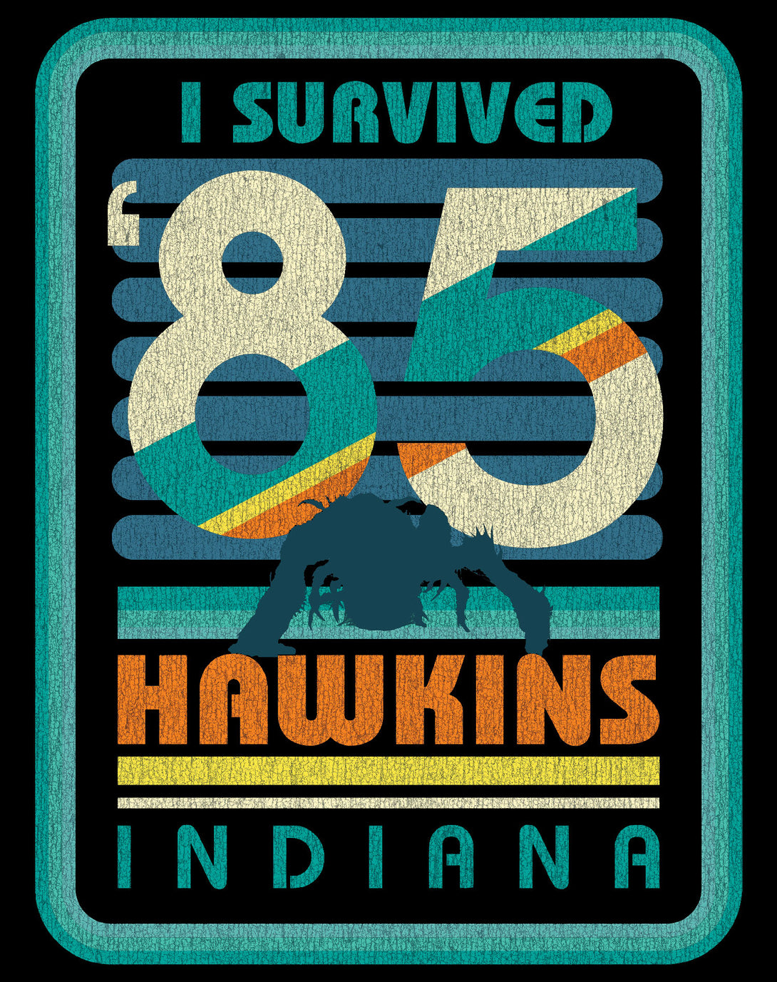 Stranger Things Vintage Demogorgon Poster Hawkins Indiana I Survived 85 Official Sweatshirt Black - Urban Species Design Close Up