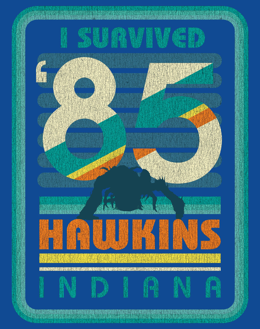 Stranger Things Vintage Demogorgon Poster Hawkins Indiana I Survived 85 Official Sweatshirt Blue - Urban Species Design Close Up