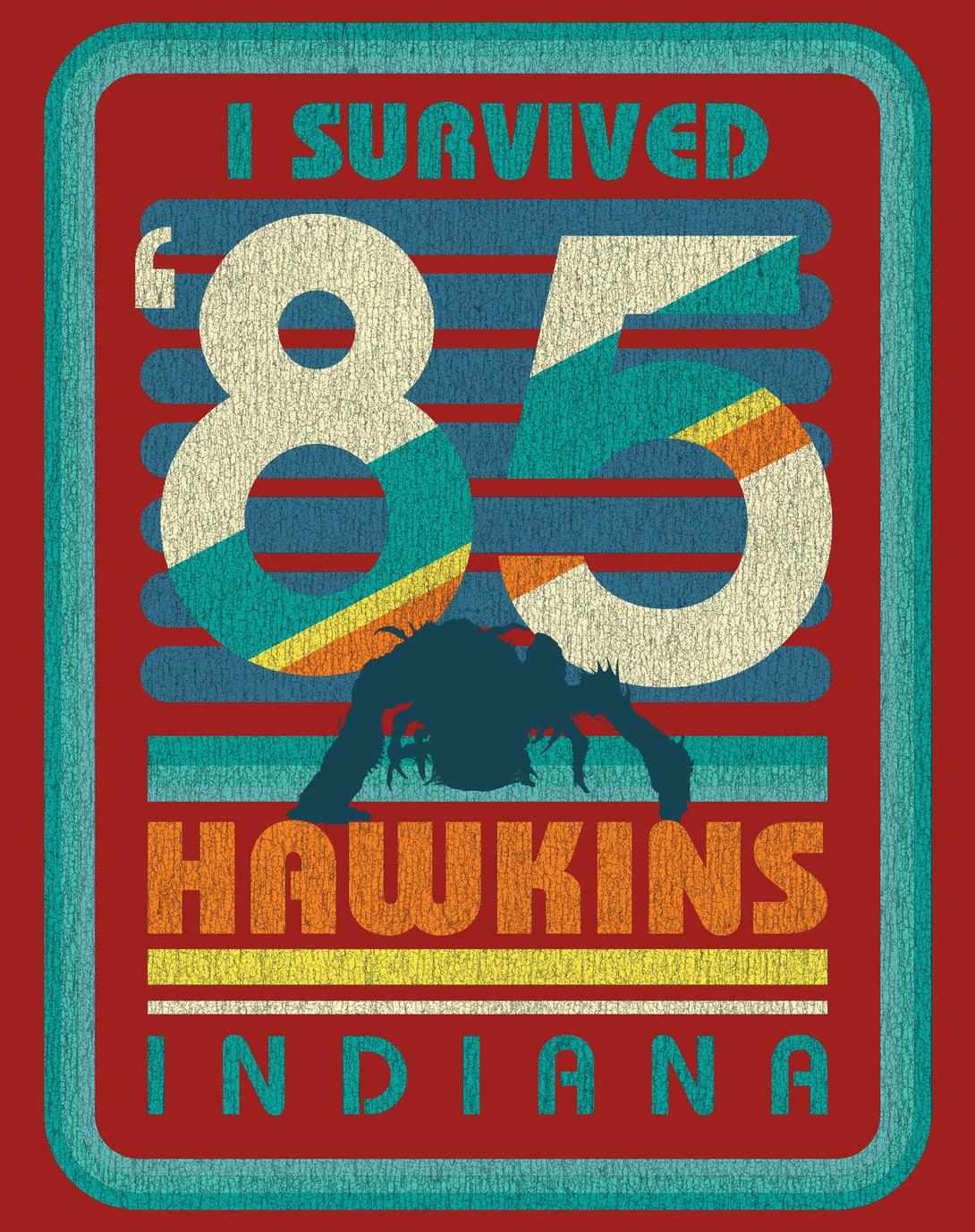 Stranger Things Vintage Demogorgon Poster Hawkins Indiana I Survived 85 Official Sweatshirt Red - Urban Species Design Close Up