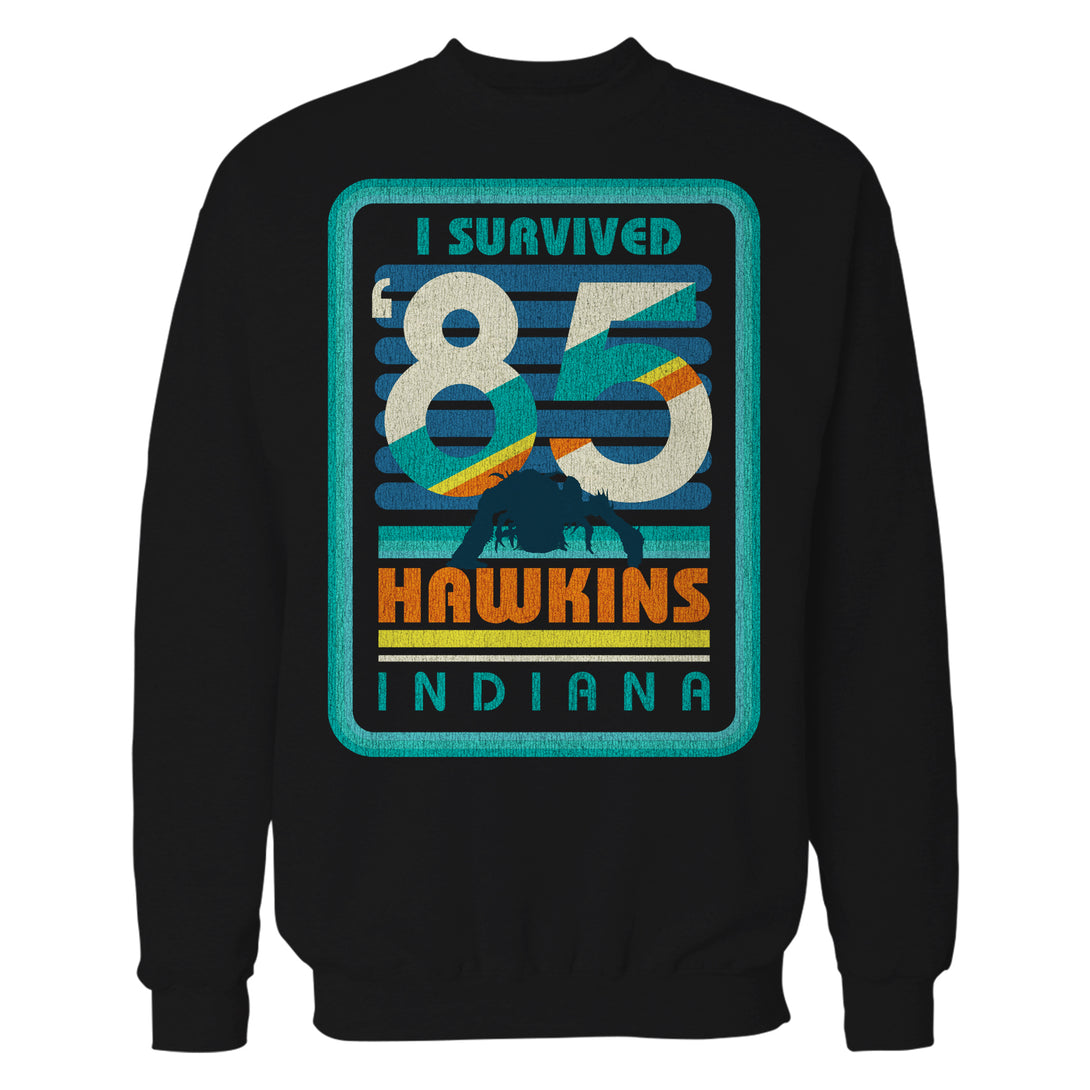 Stranger Things Vintage Demogorgon Poster Hawkins Indiana I Survived 85 Official Sweatshirt Black - Urban Species