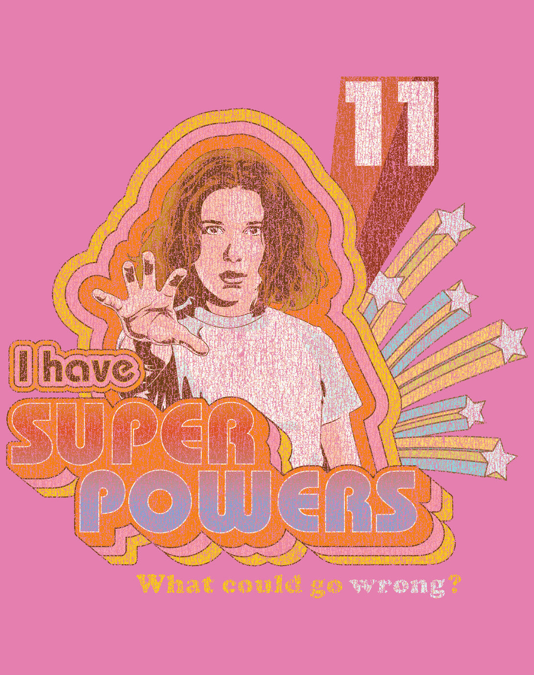 Stranger Things Vintage Eleven Retro Pose Super Powers Official Women's T-Shirt Pink - Urban Species Design Close Up