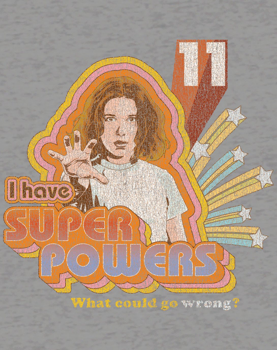 Stranger Things Vintage Eleven Retro Pose Super Powers Official Sweatshirt Sports Grey - Urban Species Design Close Up